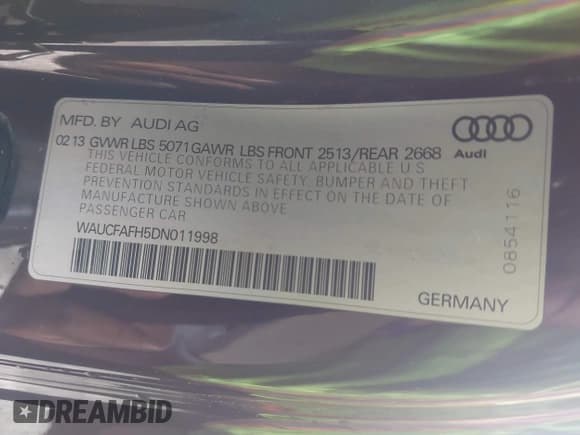 ✅ 2013 Audi A5 Premium • VIN: WAUCFAFH5DN011998 • Lot: 41684487. Listed on IAAI with 125,475 mi. Free auction sales archive from the USA and detailed vehicle history report at DreamBid. Image 9.