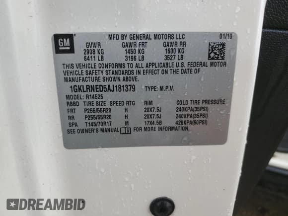 ✅ 2010 GMC Acadia SLT2 • VIN: 1GKLRNED5AJ181379 • Lot: 82332265. Listed on Copart with 184,004 mi. Free auction sales archive from the USA and detailed vehicle history report at DreamBid. Image 13.