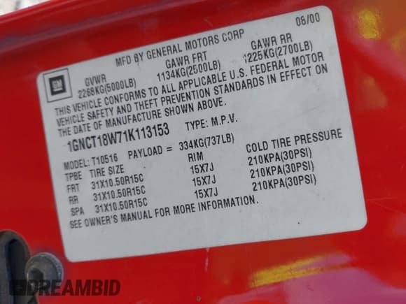✅ 2001 Chevrolet Blazer LS • VIN: 1GNCT18W71K113153 • Lot: 42297752. Wystawiony na IAAI z przebiegiem Nie podano. Bezpłatny archiwum sprzedaży aukcyjnych z USA i szczegółowy raport historii pojazdu na DreamBid. Zdjęcie 9.