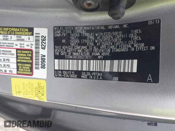 ✅ 2013 Toyota Sienna SE • VIN: 5TDXK3DC2DS373011 • Лот: 43587011. Опубликован ранее на IAAI с пробегом 179 462 миль. Бесплатный доступ к архиву аукционных продаж из США и подробный отчёт об истории автомобиля на DreamBid. Изображение 9.