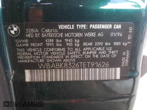 ✅ 1996 BMW 3 Series 328i • VIN: WBABK8326TET91626 • Лот: 81817275. Опубликован ранее на Copart с пробегом 52 236 миль. Бесплатный доступ к архиву аукционных продаж из США и подробный отчёт об истории автомобиля на DreamBid. Изображение 12.