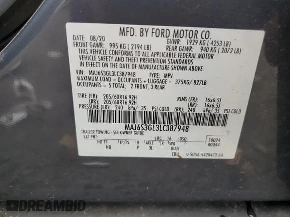 ✅ 2020 Ford EcoSport SE • VIN: MAJ6S3GL3LC387948 • Лот: 68273235. Опубликован ранее на Copart с пробегом 80 084 миль. Бесплатный доступ к архиву аукционных продаж из США и подробный отчёт об истории автомобиля на DreamBid. Изображение 13.