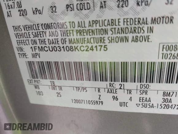 ✅ 2008 Ford Escape XLT • VIN: 1FMCU03108KC24175 • Lot: 43753808. Listed on IAAI with 220,422 mi. Free auction sales archive from the USA and detailed vehicle history report at DreamBid. Image 9.