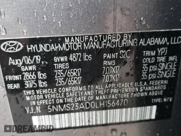 2020 Hyundai Santa Fe SE z VIN 5NMS23AD0LH156470, wystawiony jako Copart lot #38749673 z przebiegiem 62 186 mil mil oraz . Historia ofert i sprzedaży dostępna na DreamBid. Obrazek 13.