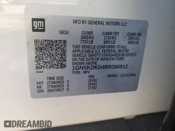 2024 Chevrolet Suburban Z71 z VIN 1GNSKDKD4RR366912, wystawiony jako Copart lot #85366065 z przebiegiem 17 299 mil mil oraz Szkoda całkowita • Salvage title. Historia ofert i sprzedaży dostępna na DreamBid. Obrazek 13.