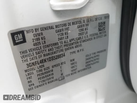 ✅ 2013 Chevrolet Captiva Sport LTZ • VIN: 3GNFL4EK1DS528834 • Lot: 45557555. Wystawiony na Copart z przebiegiem 106 725 mil. Bezpłatny archiwum sprzedaży aukcyjnych z USA i szczegółowy raport historii pojazdu na DreamBid. Zdjęcie 15.