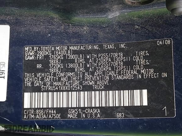 ✅ 2008 Toyota Tundra • VIN: 5TFRU541X8X012543 • Lot: 41976532. Wystawiony na IAAI z przebiegiem 223 729 mil. Bezpłatny archiwum sprzedaży aukcyjnych z USA i szczegółowy raport historii pojazdu na DreamBid. Zdjęcie 9.