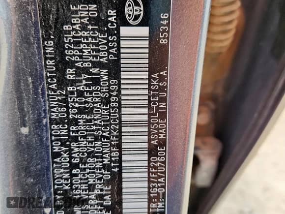 2012 Toyota Camry L с VIN 4T1BF1FK2CU589499, выставлен на аукционе Copart как лот 81396445 с пробегом 192 359 миль миль и Чистый • Clean title. История ставок и продаж доступна на DreamBid. Изображение 12.