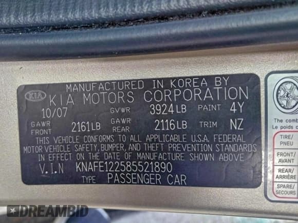 ✅ 2008 Kia Spectra EX • VIN: KNAFE122585521890 • Lot: 96787105. Listed on Copart with 160,270 mi. Free auction sales archive from the USA and detailed vehicle history report at DreamBid. Image 10.