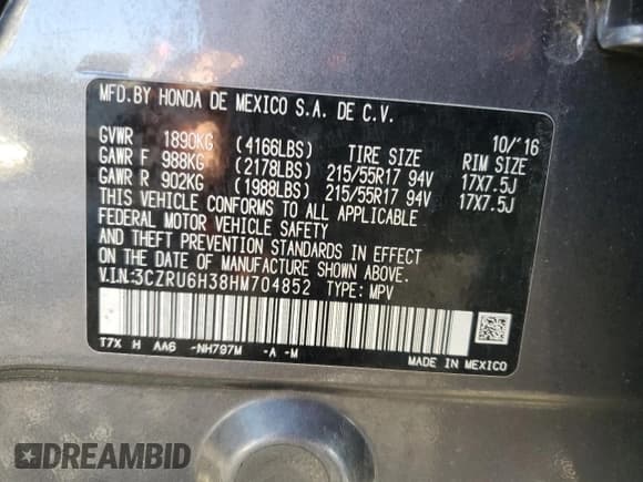 ✅ 2017 Honda HR-V LX • VIN: 3CZRU6H38HM704852 • Лот: 81879085. Опубликован ранее на Copart с пробегом 116 406 миль. Бесплатный доступ к архиву аукционных продаж из США и подробный отчёт об истории автомобиля на DreamBid. Изображение 12.