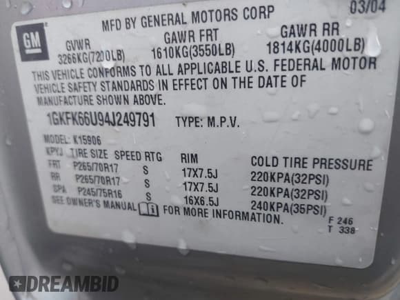 ✅ 2004 GMC Yukon XL • VIN: 1GKFK66U94J249791 • Лот: 43497569. Опубликован ранее на IAAI с пробегом 268 185 миль. Бесплатный доступ к архиву аукционных продаж из США и подробный отчёт об истории автомобиля на DreamBid. Изображение 9.