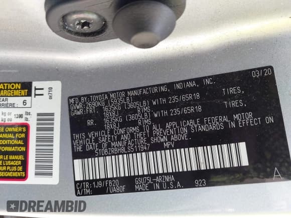 ✅ 2020 Toyota Highlander LE • VIN: 5TDBZRBH8LS511947 • Lot: 43113104. Listed on IAAI with 64,294 mi. Free auction sales archive from the USA and detailed vehicle history report at DreamBid. Image 9.