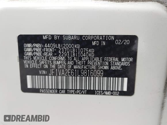 ✅ 2020 Subaru WRX STI • VIN: JF1VA2E61L9816099 • Lot: 41193121. Listed on IAAI with 35,777 mi. Free auction sales archive from the USA and detailed vehicle history report at DreamBid. Image 9.