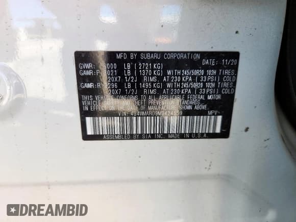 ✅ 2021 Subaru Ascent Touring • VIN: 4S4WMARD9M3424559 • Lot: 92532675. Listed on Copart with 79,868 mi. Free auction sales archive from the USA and detailed vehicle history report at DreamBid. Image 13.