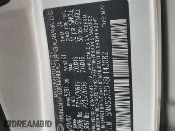 ✅ 2008 Hyundai Santa Fe GLS • VIN: 5NMSG73D78H143082 • Lot: 61851405. Listed on Copart with 171,957 mi. Free auction sales archive from the USA and detailed vehicle history report at DreamBid. Image 13.