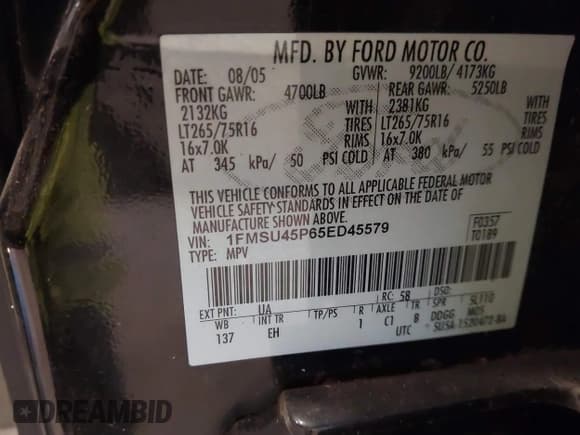 ✅ 2005 Ford Excursion Eddie Bauer • VIN: 1FMSU45P65ED45579 • Lot: 41418598. Listed on IAAI with 154,660 mi. Free auction sales archive from the USA and detailed vehicle history report at DreamBid. Image 9.