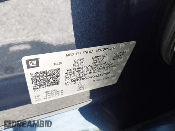 ✅ 2019 Chevrolet Tahoe LT • VIN: 1GNSKBKC8KR214892 • Lot: 42702156. Listed on IAAI with 60,779 mi. Free auction sales archive from the USA and detailed vehicle history report at DreamBid. Image 9.