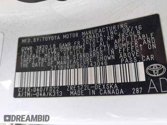 ✅ 2016 Toyota Corolla L • VIN: 2T1BURHE9GC743046 • Lot: 41900264. Listed on IAAI with 84,412 mi. Free auction sales archive from the USA and detailed vehicle history report at DreamBid. Image 9.