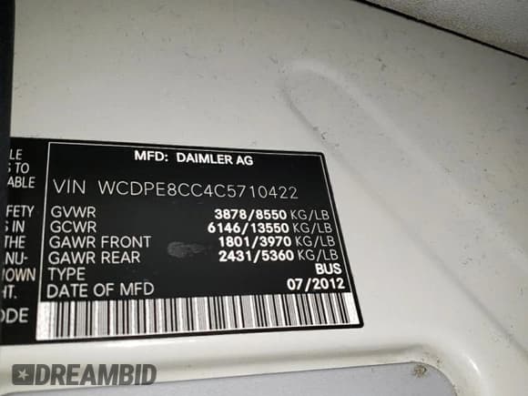 ✅ 2012 Freightliner Sprinter • VIN: WCDPE8CC4C5710422 • Лот: 80760415. Опубликован ранее на Copart с пробегом 102 944 миль. Бесплатный доступ к архиву аукционных продаж из США и подробный отчёт об истории автомобиля на DreamBid. Изображение 13.