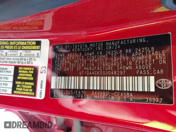 2025 Toyota Camry LE с VIN 4T1DAACK0SU048297, выставлен на аукционе IAAI как лот 43485565 с пробегом 15 377 миль миль и . История ставок и продаж доступна на DreamBid. Изображение 9.