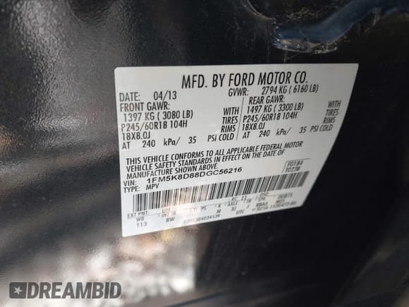 ✅ 2013 Ford Explorer XLT • VIN: 1FM5K8D88DGC56216 • Lot: 43669973. Listed on IAAI with 123,675 mi. Free auction sales archive from the USA and detailed vehicle history report at DreamBid. Image 9.