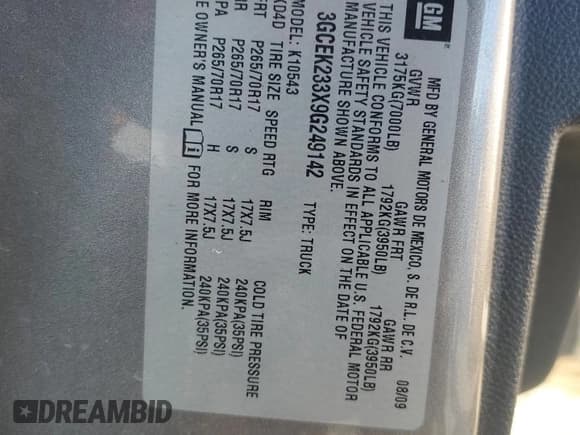 ✅ 2009 Chevrolet Silverado 1500 LT • VIN: 3GCEK233X9G249142 • Lot: 67528044. Listed on Copart with 192,134 mi. Free auction sales archive from the USA and detailed vehicle history report at DreamBid. Image 12.