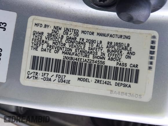 ✅ 2010 Toyota Corolla LE • VIN: 1NXBU4EE1AZ254556 • Lot: 43788619. Listed on IAAI with 242,877 mi. Free auction sales archive from the USA and detailed vehicle history report at DreamBid. Image 9.