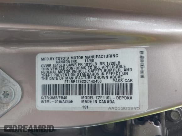 ✅ 1999 Toyota Corolla VE • VIN: 2T1BR12E2XC142458 • Lot: 42879723. Listed on IAAI with 140,141 mi. Free auction sales archive from the USA and detailed vehicle history report at DreamBid. Image 9.