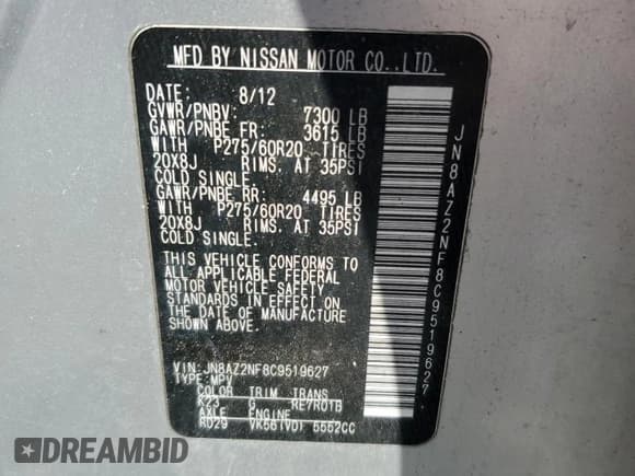 ✅ 2012 Infiniti QX56 7-passenger • VIN: JN8AZ2NF8C9519627 • Лот: 93430695. Опубликован ранее на Copart с пробегом 149 172 миль. Бесплатный доступ к архиву аукционных продаж из США и подробный отчёт об истории автомобиля на DreamBid. Изображение 13.