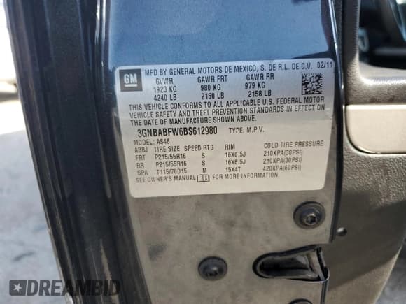 ✅ 2011 Chevrolet HHR 1LT • VIN: 3GNBABFW6BS612980 • Lot: 44317655. Listed on Copart with 89,935 mi. Free auction sales archive from the USA and detailed vehicle history report at DreamBid. Image 14.