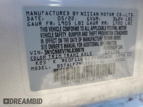 ✅ 2022 Nissan Versa SV • VIN: 3N1CN8EV7NL839979 • Lot: 91589185. Listed on Copart with 36,820 mi. Free auction sales archive from the USA and detailed vehicle history report at DreamBid. Image 12.