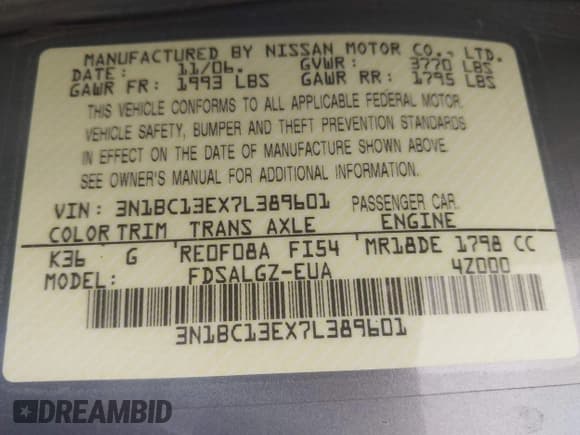 ✅ 2007 Nissan Versa S • VIN: 3N1BC13EX7L389601 • Lot: 43065816. Listed on IAAI with 135,357 mi. Free auction sales archive from the USA and detailed vehicle history report at DreamBid. Image 9.