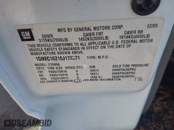 ✅ 2006 Chevrolet Suburban LS 1WT • VIN: 1GNEC16Z16J173271 • Lot: 43032919. Listed on IAAI with 269,365 mi. Free auction sales archive from the USA and detailed vehicle history report at DreamBid. Image 9.