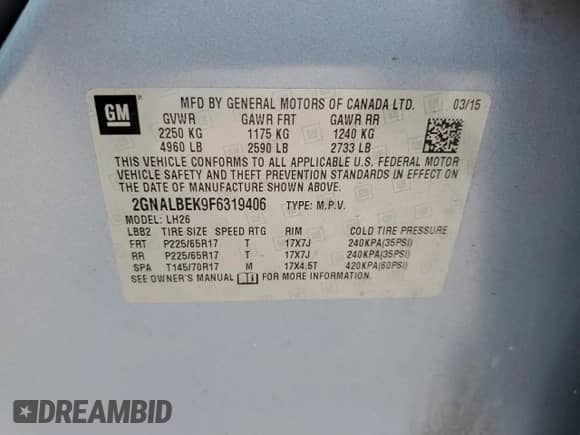 2015 Chevrolet Equinox LT с VIN 2GNALBEK9F6319406, выставлен на аукционе Copart как лот 81961875 с пробегом 141 299 миль миль и Списание • Salvage title. История ставок и продаж доступна на DreamBid. Изображение 13.