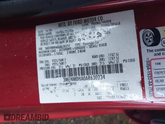 ✅ 2010 Mercury Milan • VIN: 3MEHM0HA0AR630234 • Лот: 42585737. Опубликован ранее на IAAI с пробегом 156 728 миль. Бесплатный доступ к архиву аукционных продаж из США и подробный отчёт об истории автомобиля на DreamBid. Изображение 9.