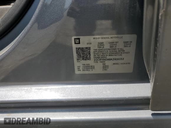 ✅ 2019 Chevrolet Silverado 1500 Work Truck • VIN: 1GCRYAEH6KZ416153 • Lot: 62982484. Wystawiony na Copart z przebiegiem 50 857 mil. Bezpłatny archiwum sprzedaży aukcyjnych z USA i szczegółowy raport historii pojazdu na DreamBid. Zdjęcie 12.