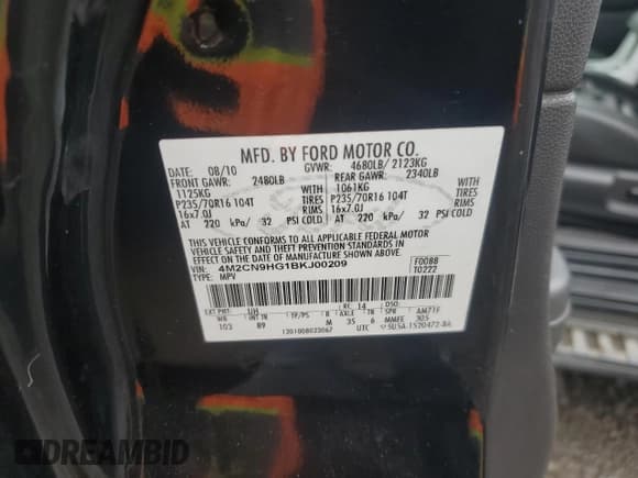 ✅ 2011 Mercury Mariner Premier • VIN: 4M2CN9HG1BKJ00209 • Lot: 57016475. Listed on Copart with 224,019 mi. Free auction sales archive from the USA and detailed vehicle history report at DreamBid. Image 13.