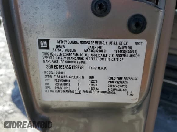 ✅ 2003 Chevrolet Suburban LT • VIN: 3GNEC16Z43G159278 • Лот: 49679695. Опубликован ранее на Copart с пробегом 328 330 миль. Бесплатный доступ к архиву аукционных продаж из США и подробный отчёт об истории автомобиля на DreamBid. Изображение 15.