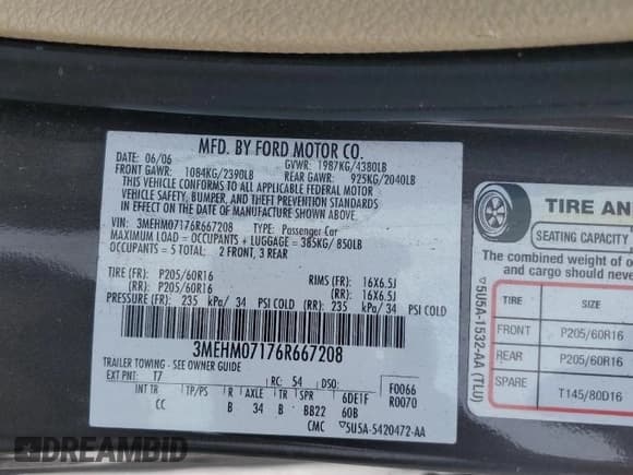 ✅ 2006 Mercury Milan • VIN: 3MEHM07176R667208 • Lot: 92416685. Listed on Copart with 184,243 mi. Free auction sales archive from the USA and detailed vehicle history report at DreamBid. Image 12.