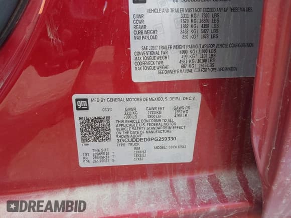 ✅ 2023 Chevrolet Silverado 1500 LT • VIN: 3GCUDDED0PG259330 • Lot: 41886285. Listed on IAAI with 84,293 mi. Free auction sales archive from the USA and detailed vehicle history report at DreamBid. Image 9.