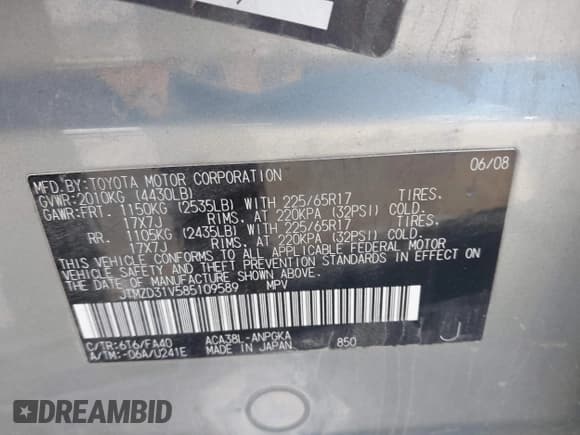 ✅ 2008 Toyota RAV4 Limited • VIN: JTMZD31V585109589 • Lot: 43900528. Listed on IAAI with 184,989 mi. Free auction sales archive from the USA and detailed vehicle history report at DreamBid. Image 9.