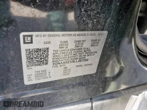 2020 Chevrolet Equinox LT с VIN 3GNAXKEV9LL267202, выставлен на аукционе Copart как лот 84652685 с пробегом 133 893 миль миль и Списание • Salvage title. История ставок и продаж доступна на DreamBid. Изображение 13.