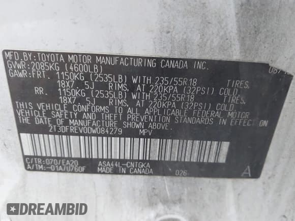 ✅ 2013 Toyota RAV4 Limited • VIN: 2T3DFREV0DW084279 • Lot: 43556726. Listed on IAAI with 177,951 mi. Free auction sales archive from the USA and detailed vehicle history report at DreamBid. Image 9.