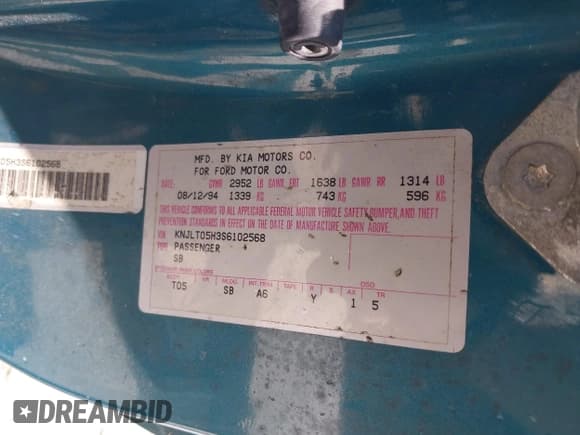 ✅ 1995 Ford Aspire • VIN: KNJLT05H3S6102568 • Lot: 42062381. Listed on IAAI with 178,561 mi. Free auction sales archive from the USA and detailed vehicle history report at DreamBid. Image 9.