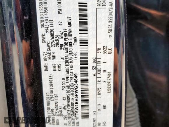 ✅ 2023 Ford F-150 Lightning XLT • VIN: 1FT6W1EV5PWG34849 • Лот: 69879315. Опубликован ранее на Copart с пробегом 34 468 миль. Бесплатный доступ к архиву аукционных продаж из США и подробный отчёт об истории автомобиля на DreamBid. Изображение 12.