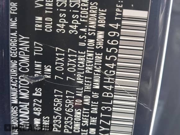 2017 Hyundai Santa Fe 2.4L z VIN 5XYZT3LB4HG455694, wystawiony jako Copart lot #63500455 z przebiegiem Nie podano mil oraz Szkoda całkowita • Salvage title. Historia ofert i sprzedaży dostępna na DreamBid. Obrazek 12.