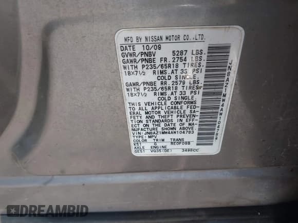 ✅ 2010 Nissan Murano LE • VIN: JN8AZ1MW4AW104783 • Lot: 43597954. Wystawiony na IAAI z przebiegiem 186 329 mil. Bezpłatny archiwum sprzedaży aukcyjnych z USA i szczegółowy raport historii pojazdu na DreamBid. Zdjęcie 9.