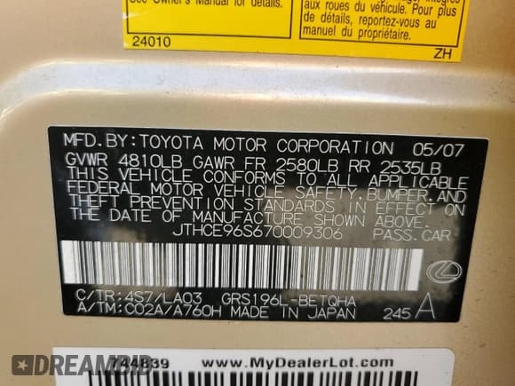 ✅ 2007 Lexus GS 350 • VIN: JTHCE96S670009306 • Lot: 70548015. Wystawiony na Copart z przebiegiem 151 848 mil. Bezpłatny archiwum sprzedaży aukcyjnych z USA i szczegółowy raport historii pojazdu na DreamBid. Zdjęcie 12.