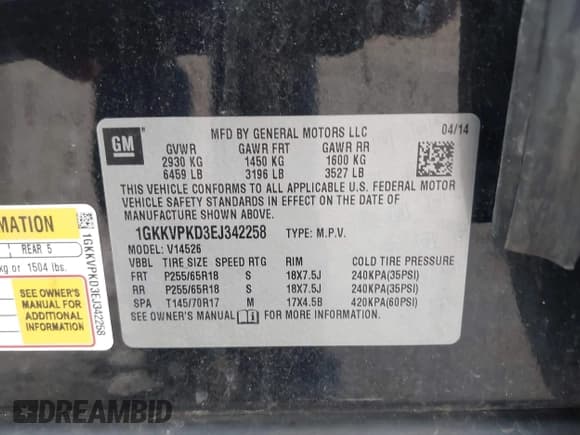 ✅ 2014 GMC Acadia SLE • VIN: 1GKKVPKD3EJ342258 • Lot: 42326463. Wystawiony na IAAI z przebiegiem 177 893 mil. Bezpłatny archiwum sprzedaży aukcyjnych z USA i szczegółowy raport historii pojazdu na DreamBid. Zdjęcie 9.