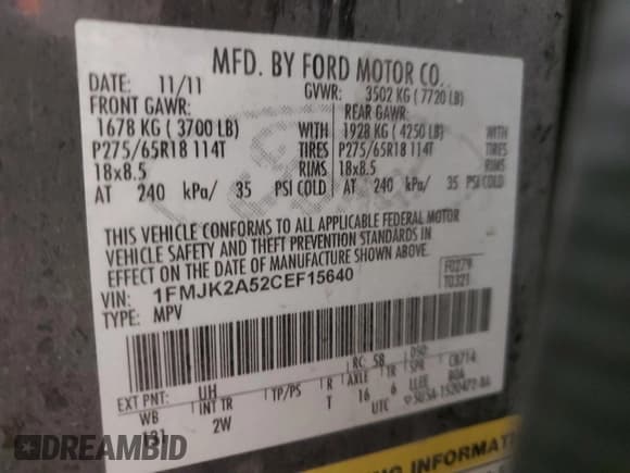 ✅ 2012 Ford Expedition Max Limited • VIN: 1FMJK2A52CEF15640 • Lot: 86553334. Listed on Copart with Not provided. Free auction sales archive from the USA and detailed vehicle history report at DreamBid. Image 13.